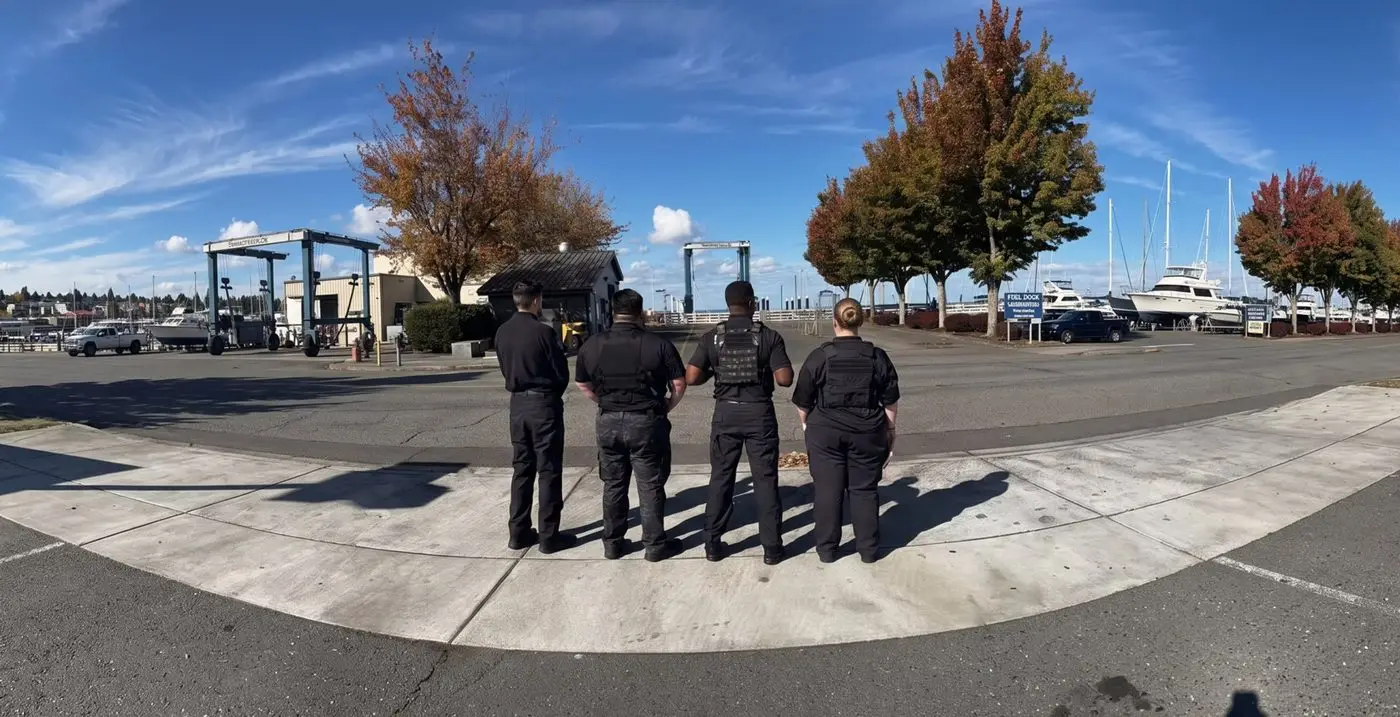 Four Blu Wing guards standing watch at a marina